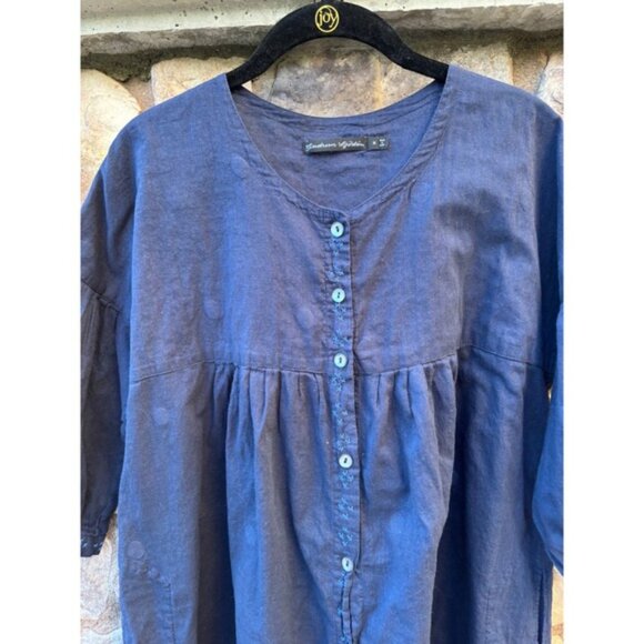 Gudrun Sjoden Tunic Top Organic Cotton Navy Medium Pockets Embroidered Button Up - Picture 2 of 7